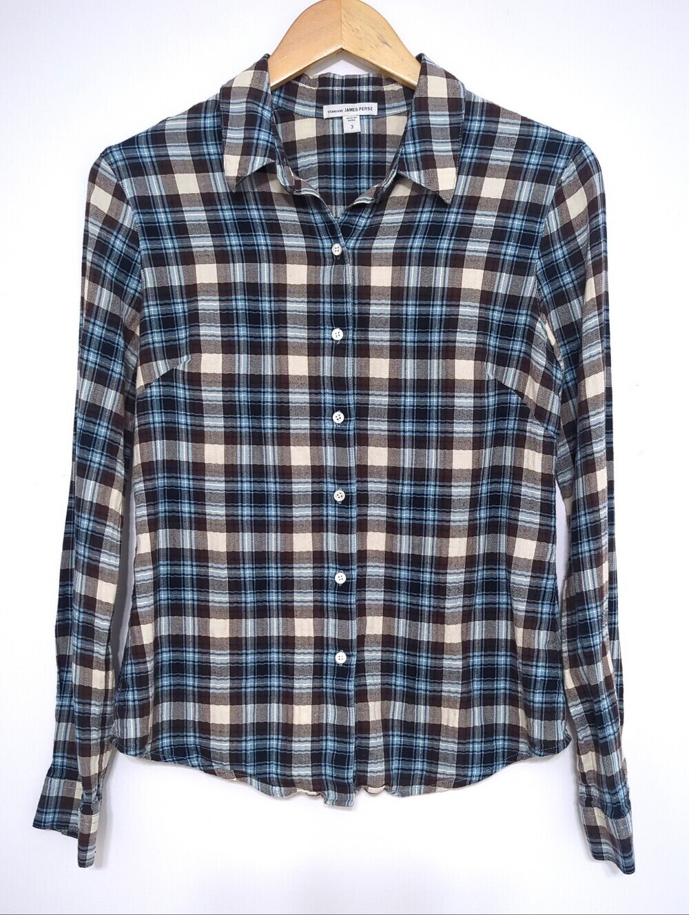 Standard James Perse Tomboy Plaid Flannel Shirt Blue Brown Size 3 - Picture 4 of 11
